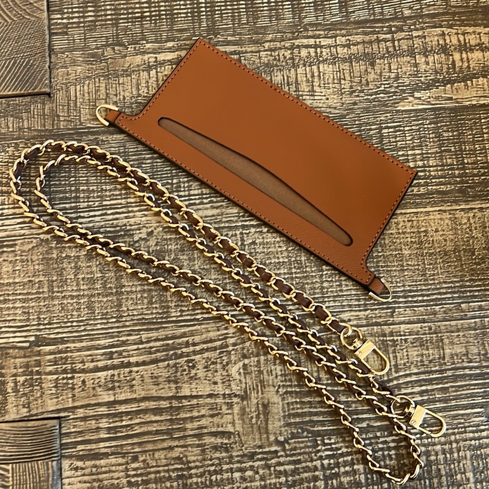 NWOT Leather Wallet Insert + Chain Brown/Gold
